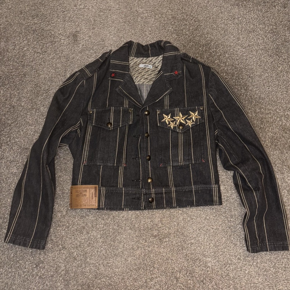 Vintage Y2K Jag Jacket Womens Black Striped Denim Star Embroidered Cropped